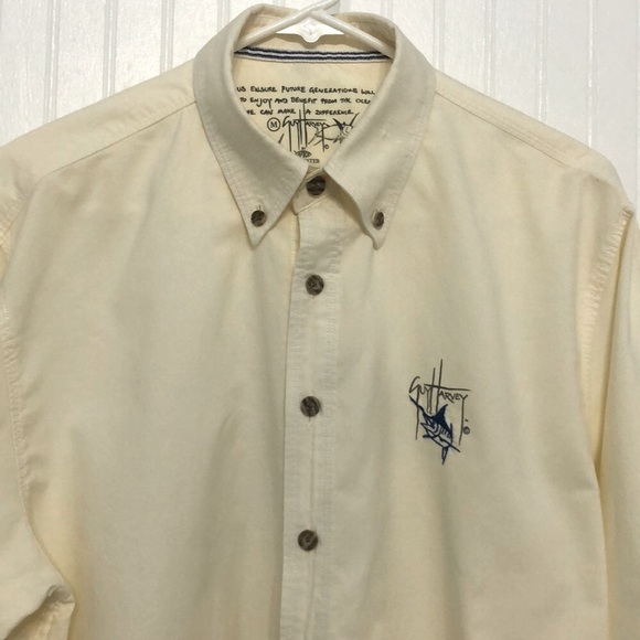 Guy Harvey Pale Yellow Mens Button Down SHIRT Cotton Blnd TabLong Slv EUC - Picture 1 of 6